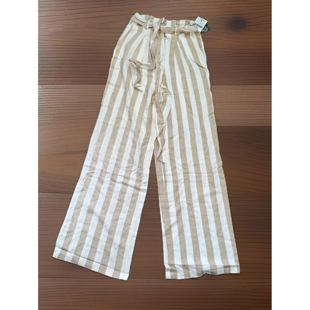 Forever 21 Wide Leg Pants S Cream Taupe Striped Linen Blend Coastal